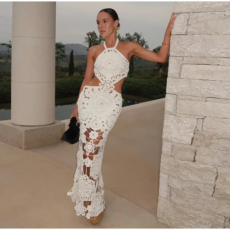 NEW Arrivals S(8) -XL(16-18) UK Size Sexy Handmade Crochet Floral Hollow Out Long Dress Women Halter Backless Lace Up Female Evening Beach Party Dresses Summer Lady Holiday Party Maxi Gown