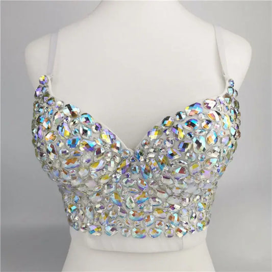 NEW Arrivals Women Sexy AB Colored for Rhinestone Bustier Crop Top Push Up Bralette Glitter Girls Rave Club Party Corset Bra Vest Evening Party Nightclub Wear