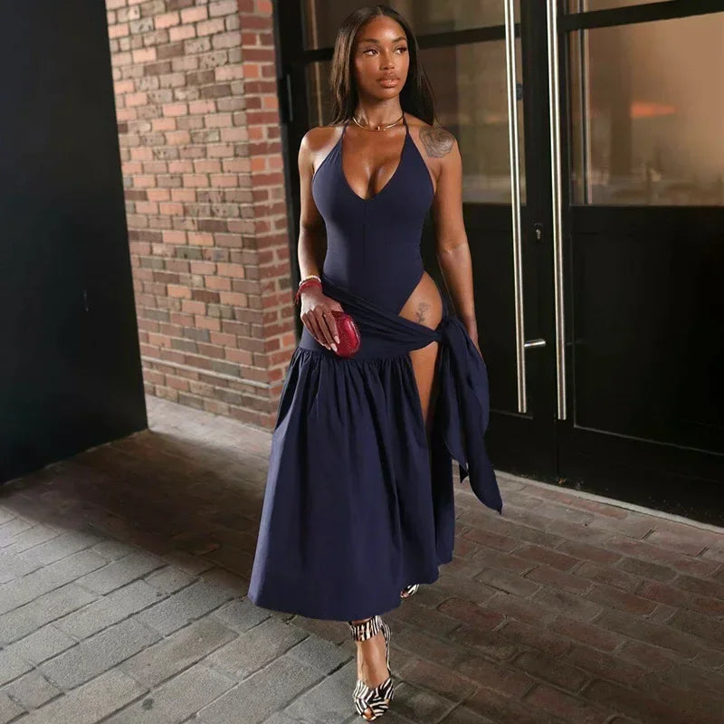 NEW Arrivals 2PCS Set UK Size Black/Light Green/White/Navy Blue Colors Sexy Elegant Women's Set Sleeveless Strap Bodysuit +Long Skirts Suit Spring Summer Autumn Tracksuit Tie Up Outfits