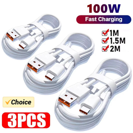 3PCS Set 100W 6A Super Fast Charger Cable Fast USB Type C Charging Data Cord Quick Charger Cable Type C Charger Fast Charging Cable Sets Electronic Supplies