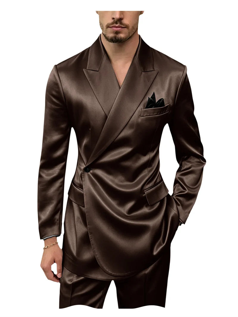 8 Colors 2 PCS Set S-7XL Extra Plus Size Men's Luxury Satin Suit Asymmetrical Wrap Peak Lapel Silk Suit One Button Slim Fit Blazer Pants Wedding Celebrity Red Carpet Business Formal Evening Luxury Outfit