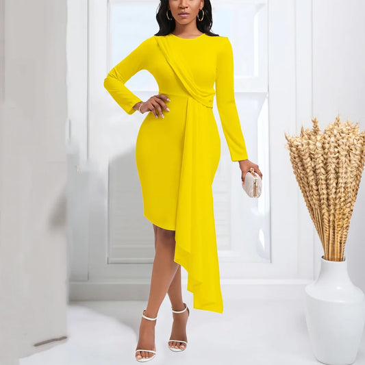 Plus Size Elegant  Dress Woman O Neck Full Sleeve Big Swing Sheath Mid Calf Fashion Female Birthday Party Dinner Dress