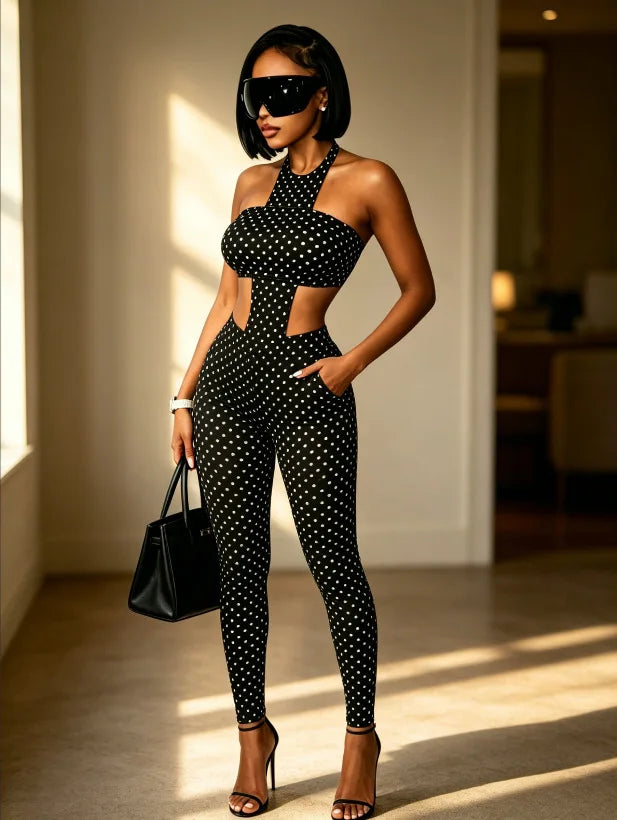 Just Landed 2 PCS Set Black/White Color Polka Dot Halter Crop Top Set Hollow Out High Stretch Skinny Pants Y2K 2026 Women Sexy Night Club  Evening Party Tracksuit Female Apparel Sets Clothing Supplies