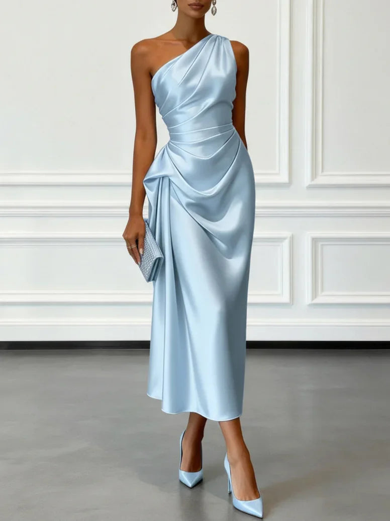 S-2XL UK Size One Shoulder Luxury Satin Midi Dress With Ruched Waist Elegant Sleeveless Evening Wedding Guest Business Party Formal Gown Ladies Outfits.
