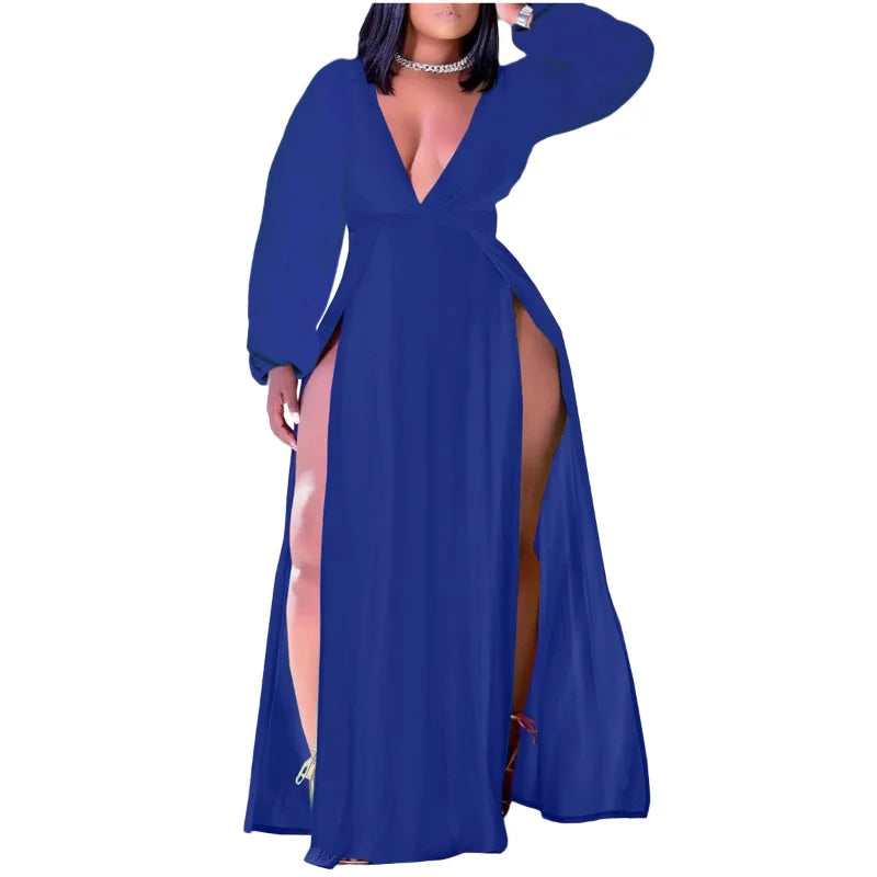 NEW Arrivals XL-5XL Plus Size Pink/Black/Red/ Blue Fall Sexy Dresses Curvy Chubby BBW Women Clothing Solid Long Sleeve V Neck Split Sexy Party Evening Dress Ladies Sexy Fashion Apparel Supplies