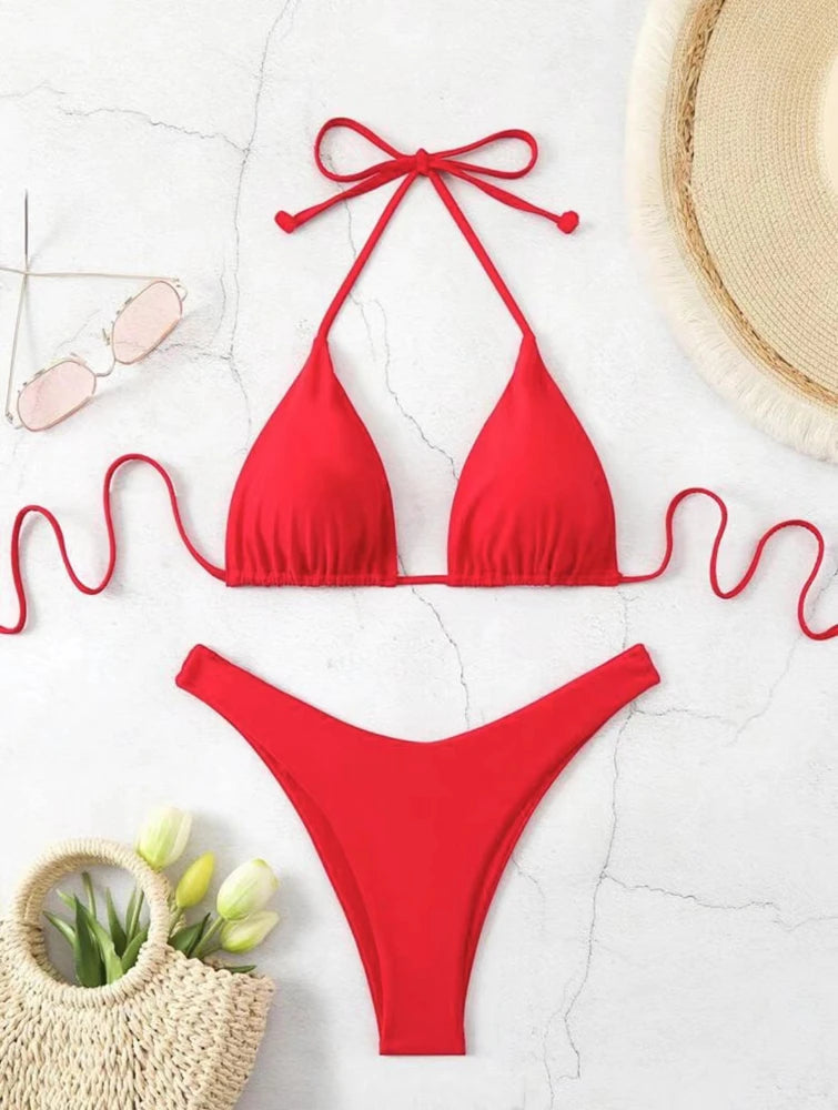 2 PCS Set UK 8-16 Size (S-XL)  8 Colors Women Thong Bikini Sexy Solid White/Black/Coffee Halter Swimsuit Lace Up Brazilian Bathing Suit New Double Fabric Beachwear