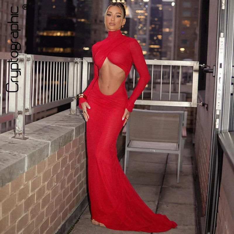 Luxurious Sexy Elegant Red Cut Out Maxi Dress for Women Girls Party Club Outfits Long Sleeve Ruched Sexy Backless Gown Wedding Birthday Dresses Female Ladies Luxury Fashion Clothing Supplies