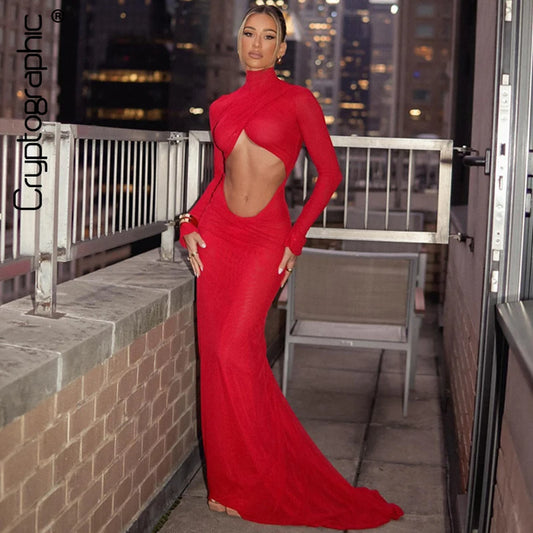 Luxurious Sexy Elegant Red Cut Out Maxi Dress for Women Girls Party Club Outfits Long Sleeve Ruched Sexy Backless Gown Wedding Birthday Dresses Female Ladies Luxury Fashion Clothing Supplies