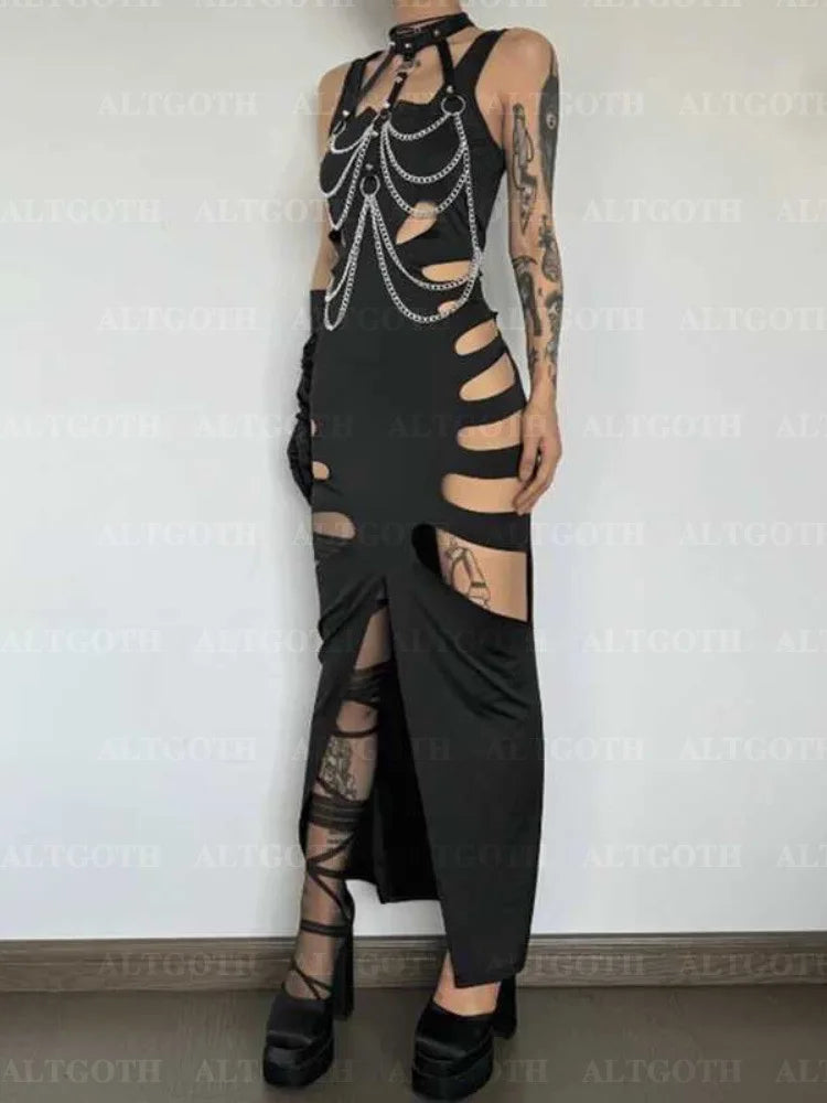 NEW Arrivals UK Size Harajuku Gothic Dark Dress Women Streetwear Cyber Punk Y2K E-Girl Grunge Sexy Hollow Out High Waist Bodycon Dress Female Evening Rave Party Dress