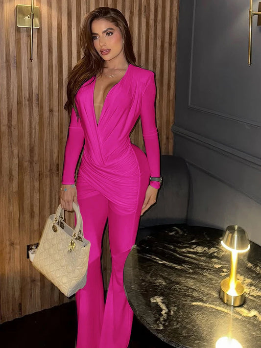 NEW Black/Rose Red Color Luxury Silky Elegant Jumpsuits Woman Cross Ruched Deep V-Neck Full Sleeve Skinny High Stretch Daily Office Style Overalls Ladies Luxury Fashion Clothing Supplies