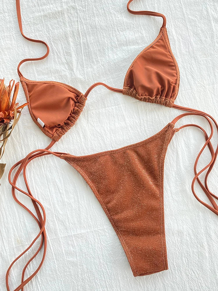 Shiny Bikini Set Triangle Bikinis Bandage Swimsuit Women Two Piece Swimwear Summer Biquini New Beachwear