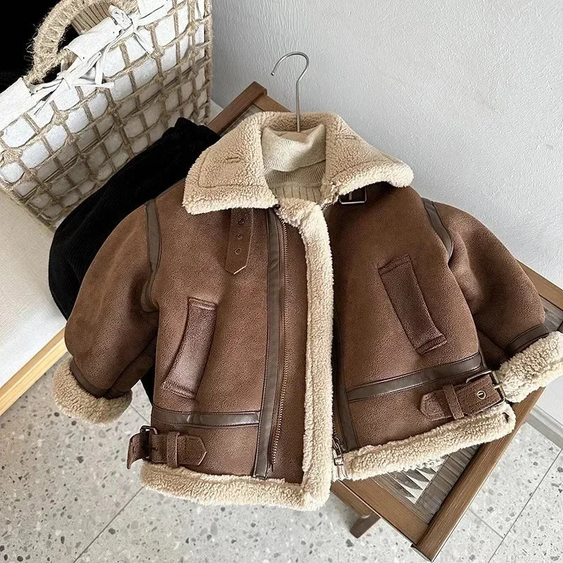 4-6 Years Old Children Leather Velvet Warm Jackets Fashion Baby Kids Fleece Outwear Korean Boys Girls Zipper Thickness Suede Coat Winter Warm Jackets Kids Apparel Winter Clothes Supplies