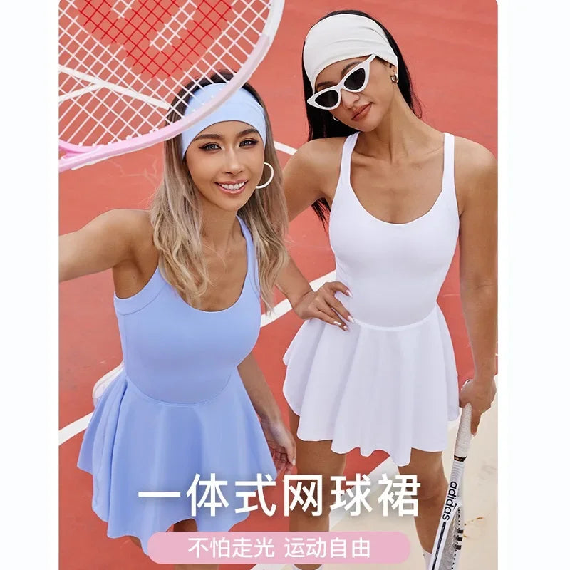 Tennis Dress One-Pieces Jumpsuits Slim Fit Sports Fitness Golf Badminton Skorts Back Cross Tracksuits with Chest Pads Yoga Suits