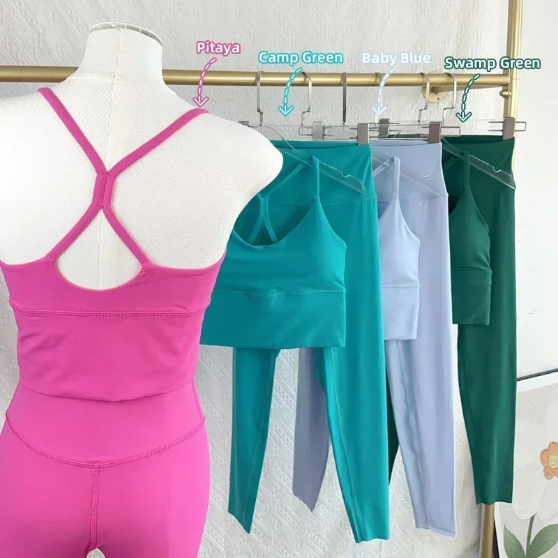 2 PCS Yoga Set 7 Colors Sportswear Fitness Suits Sexy Cross Back Yoga Tops Elasticity High Waist Leggings Running Sports Clothing👚👍️