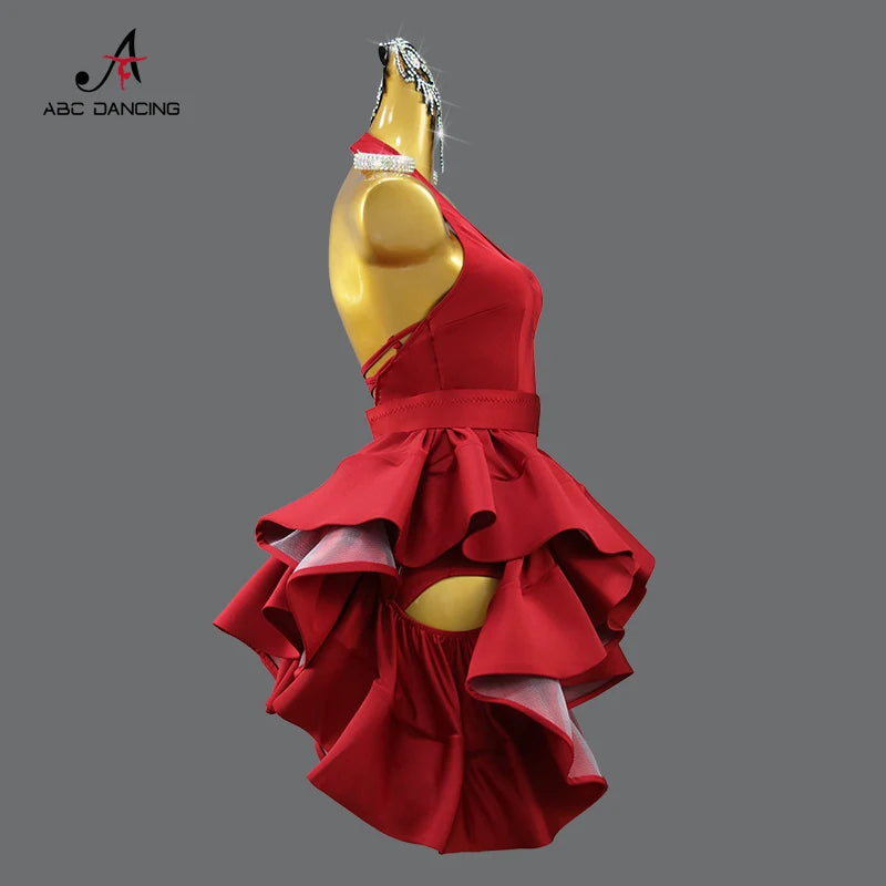 New Arrivals Red Latin Dance Dress Sexy Ladies Ballroom Party Show Costume Practice Wear Line Clothing Women Sport Party Skirt Customized Ladies Competition Dancing Dress