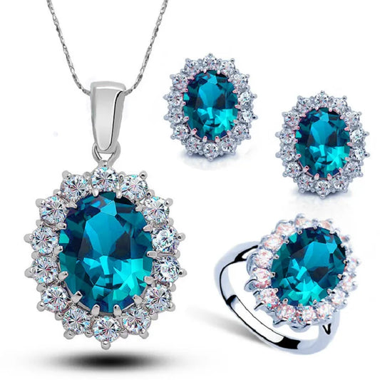 Authentic 925 Sterling Silver Plated Women Wedding Engagement Jewelry Sets Princess Oval Zircon Crystal Necklace Earrings Ring