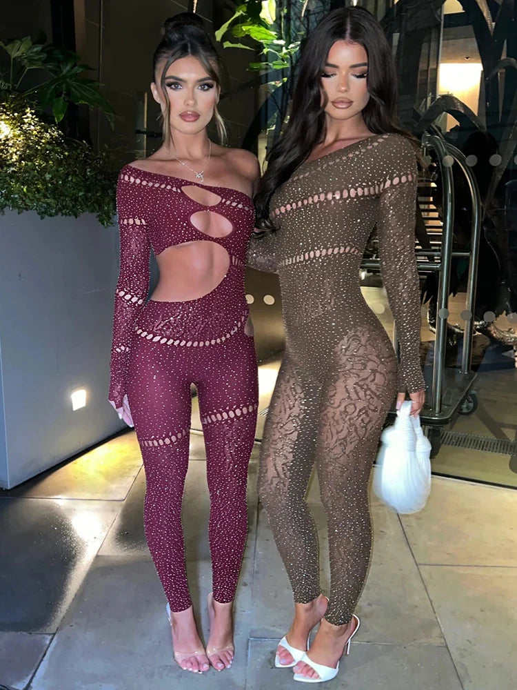 NEW Arrivals UK Size 8 Colors Off Shoulder Long Sleeve Jumpsuits Women Fashion Rhinestones High Stretch Hollow Out Sexy Overalls Sparkly Party Rompers