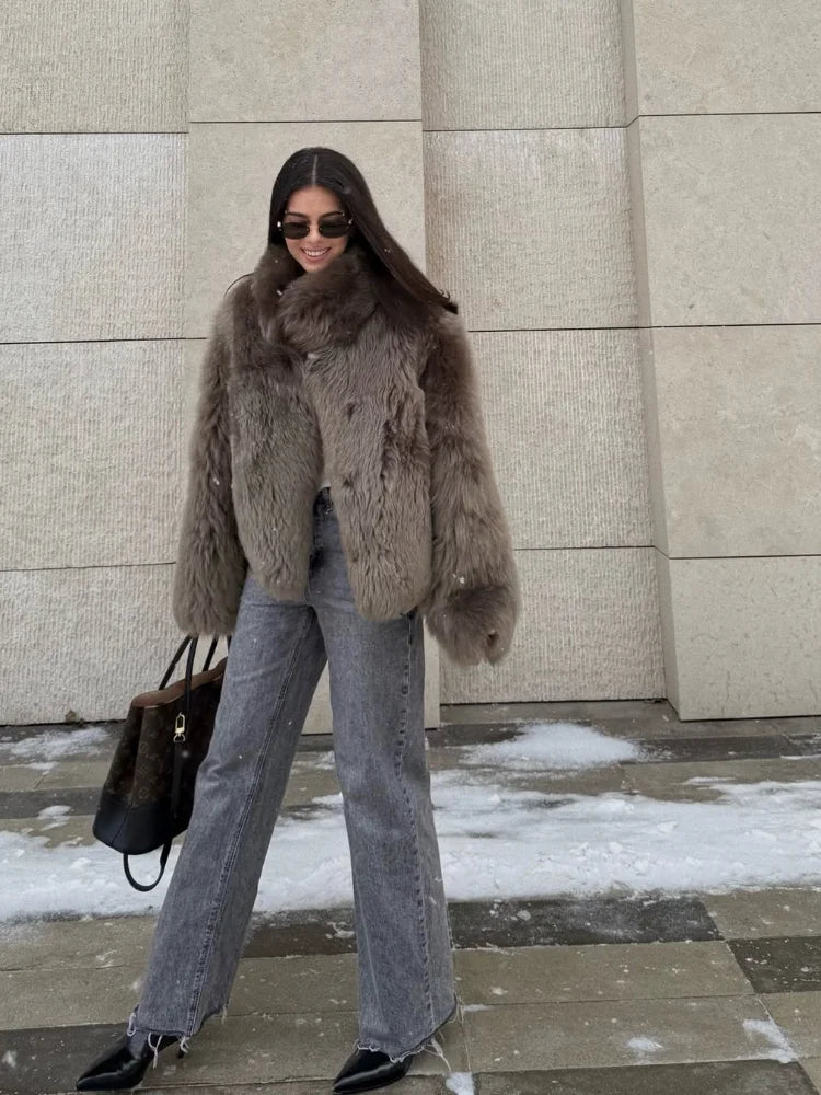 NEW Woman Brown Plush Fur Thick Coat Stand Up Collar Loose Short Jacket Lady Autumn Winter Casual Fashion Commuter Outwear