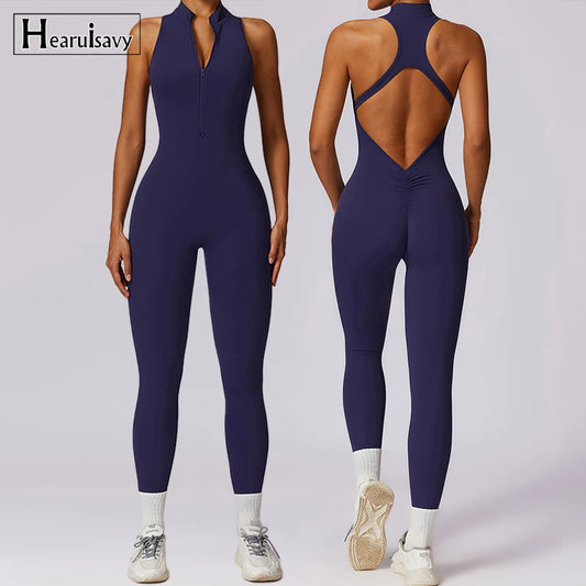 NEW Arrivals 5 Colors V-Back One-Piece Suit Women Sports Jumpsuit  Zippers Yoga Rompers Backless Sportswear Women Sleeveless Workout Bodysuits Female Sports Yoga Clothes