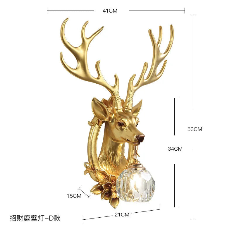 American Retro Lucky Deer Head Warm and White Lighting Wall Lamps Living Room Bedroom Restaurant Hotel Atmosphere Decorate Crystal Antlers Wall Sconces