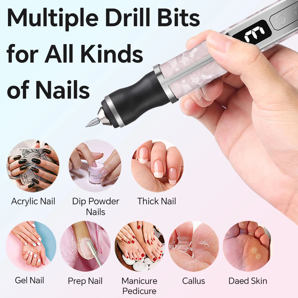 NEW Arrivals Rechargeable Electric Nail Drill Kit with LED Display, Portable Nail File Machine for Acrylic Gel Nails Polishing at Home, Beauty Salon Spa Accessories Cosmetic Supplies