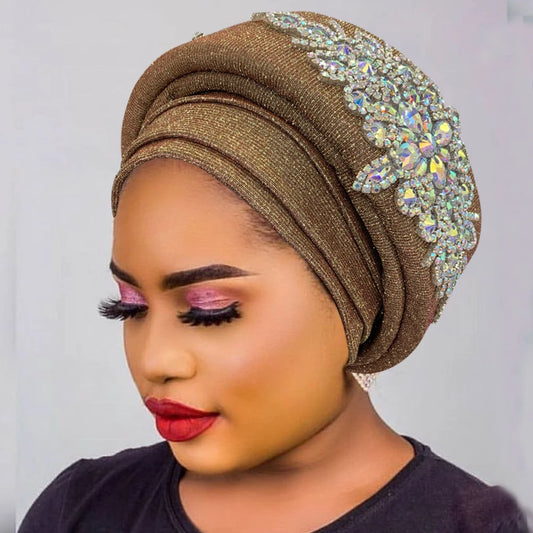 Luxury Rhinestone Turban Hat for Women Glitter African Wrap Head Headgear Nigeria Auto Gele Headtie Turbante Mujer