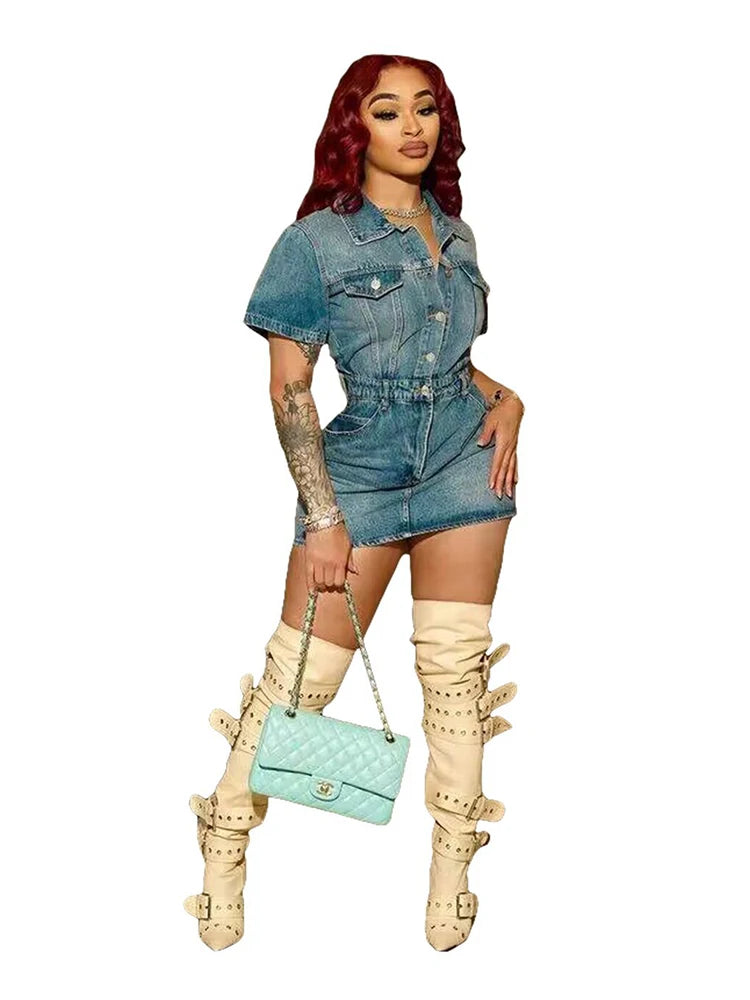 Sexy Woman Short Dress Stretchy Ladies Denim Summer Dress Women Elegant Slim Solid Pockets Mini Dress Wholesale Dropshipping