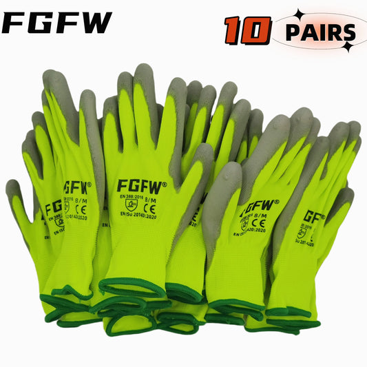 NEW 10 Pairs PU Leather Coated Work Gloves - Lightweight, Durable Safety Gloves EN 388/ISO20471 Certified, Sizes S/M/L/XL
