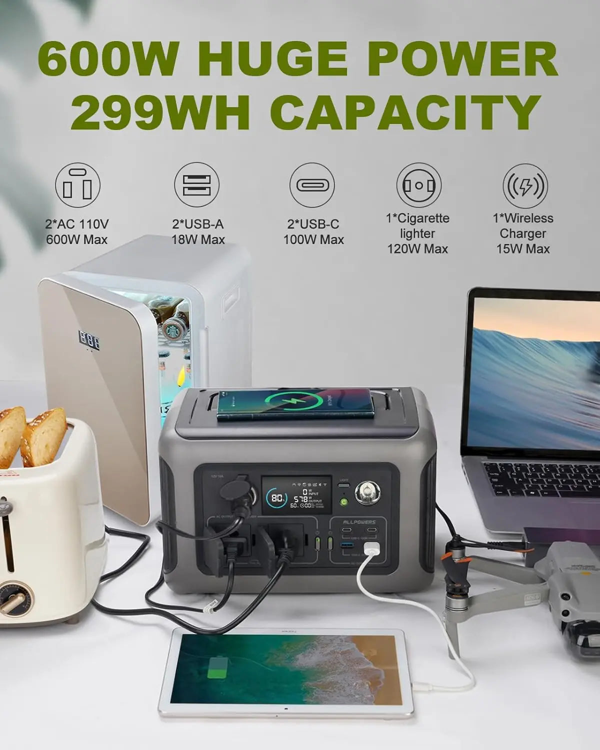 UK Plug  Portable Power Station R600, 299Wh LiFeP04 Battery with 2x 600W (1200W Surge) AC Outlets for Outdoor Camping RV Home