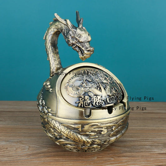 24 Types Dragon Style Zodiac Collectible Ashtray Home Office Anti Fly Ash Ashtray Decorative Ashtray with Lid Living Room Desktop Decoration