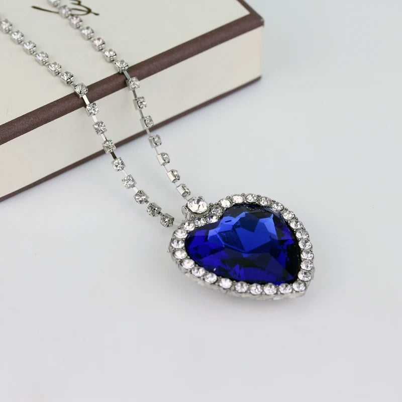 Titanic Heart Of Ocean Blue Crystal Love Heart Pendant Necklace for Women Full Rhinestone Chain Collar Lover Forever Jewelry