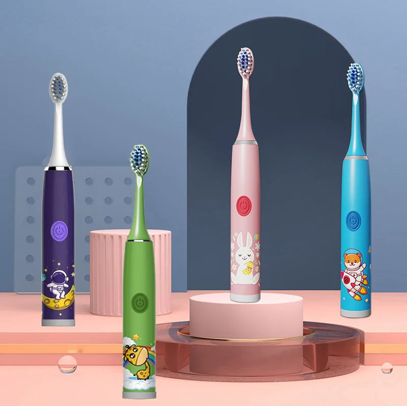 Colorful Sonic Children's Electric Toothbrush Rechargeable Cartoon Design Automatic IPX7 Waterproof with 5 Replacement Heads Children Oral Hygiene Supplies