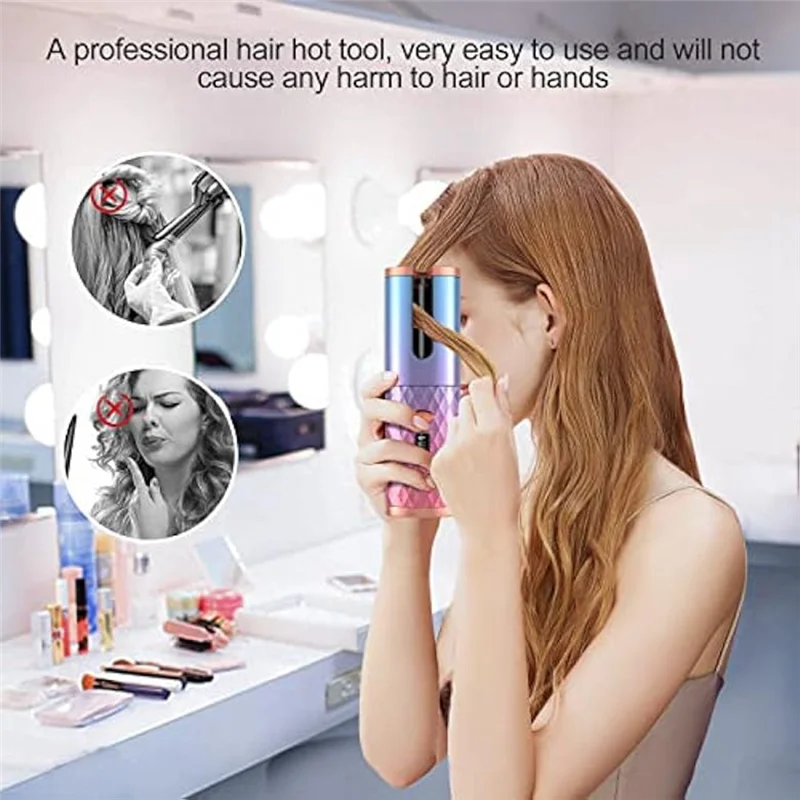 AA51 Powerful Automatic Curling Iron, Cordless Auto Hair Curler Portable Rotating Curling Wave Wand Styling Tool Auto Shut Off ABS