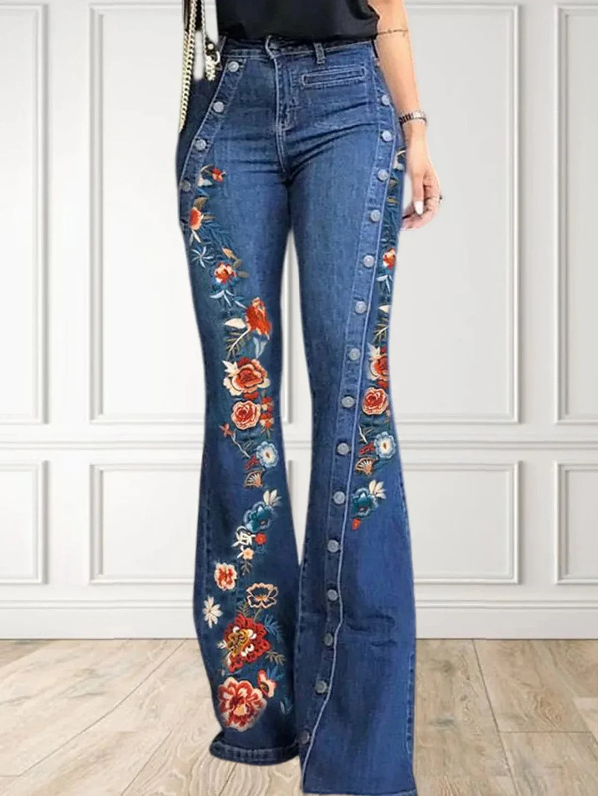 Women Flare Pant High Waist Slim Denim Casual Chic Vintage Skinny Trousers Y2K Fashion Floral Embroidery Button Flare Leg Jeans