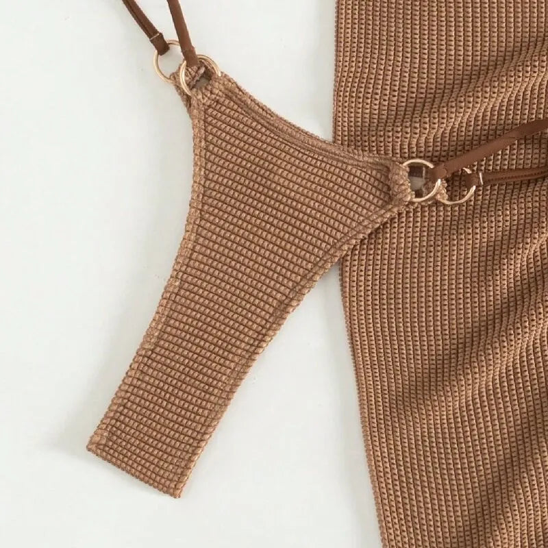 NEW Arrivals HOT SALE 3 PCS Set Sexy Brown Bikini Set Women Halter Push Up Padded Bra Skirt Swimsuit Summer Bathing Suit Cover Up Thong Swimwear