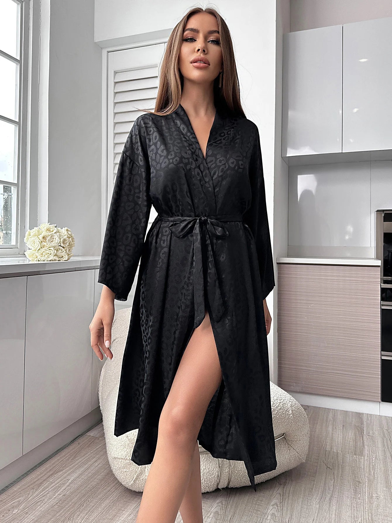 Leopard Print Night Robe Long Sleeve V Neck Robe With Belt  Women's Sleepwear
