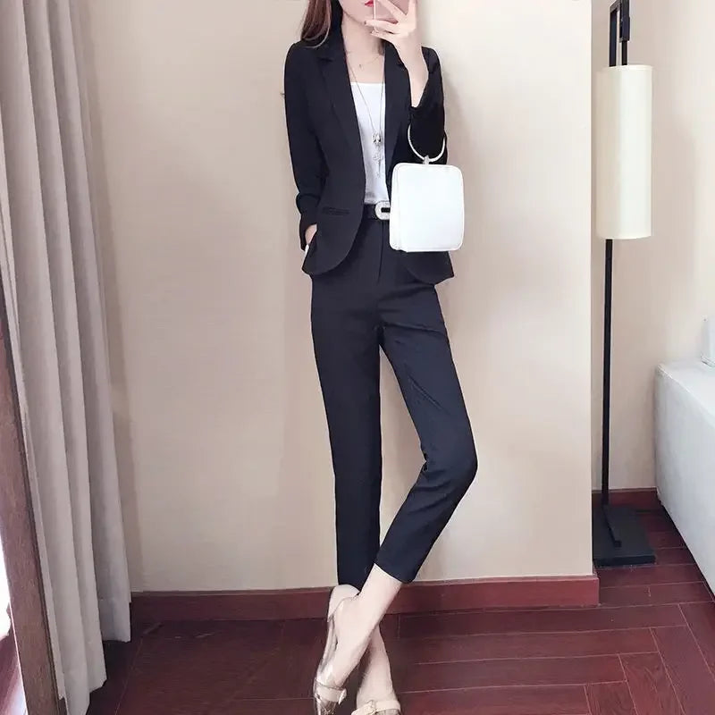 NEW Arrivals 2PCS Set 2 Patterns White/Black Short/Long Pants Coat + Belt for Women Black Trouser Suit Blazer and Outfit Office Lady Professional Business Set Ladies Luxury Fashion Clothing Supplies
