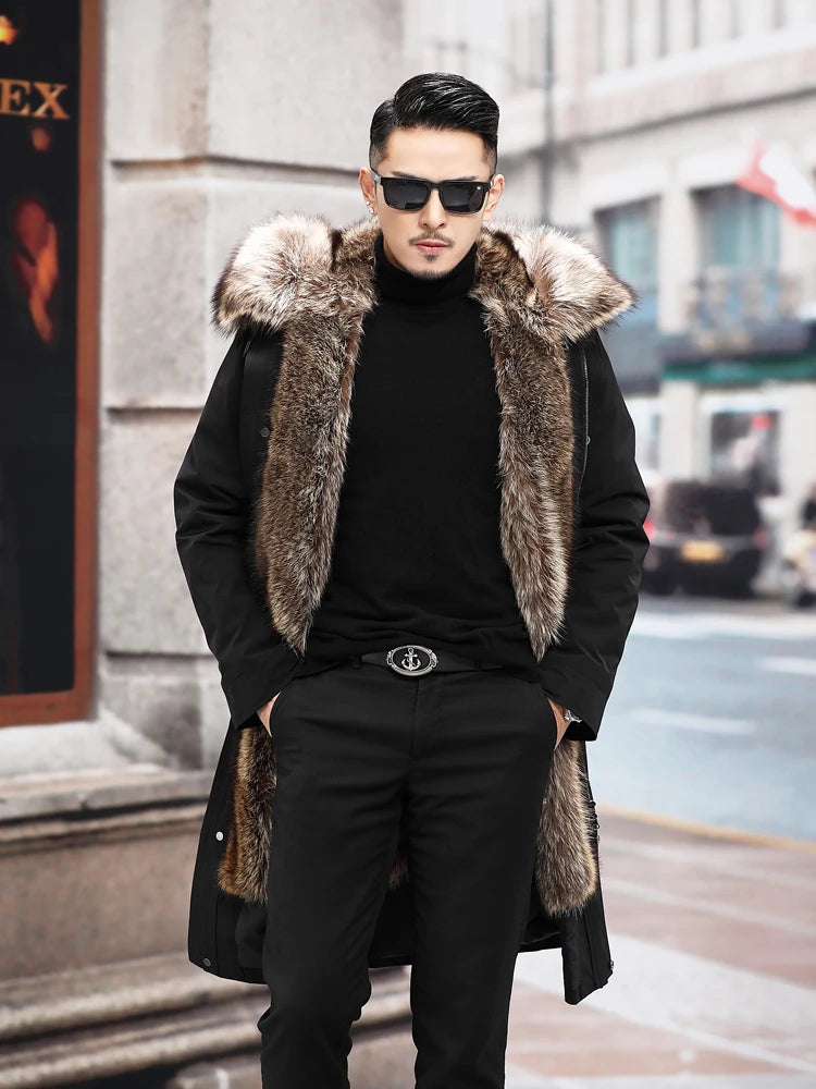 Jacket Men's Mink Fur Detachable Liner Fur Coat Mid-Length Imitation Fur Overcoat Jacket Hooded Slim-Fit Winter Business Casual