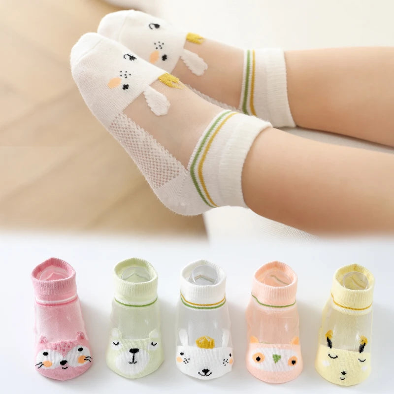 5 Pairs Set 0-12Y Summer Cotton Newborn Kids Socks Cute Cartoon Thin Mesh Baby Short Socks Dinosaur Bear Children Socks for Boys Girls Apparel Accessories