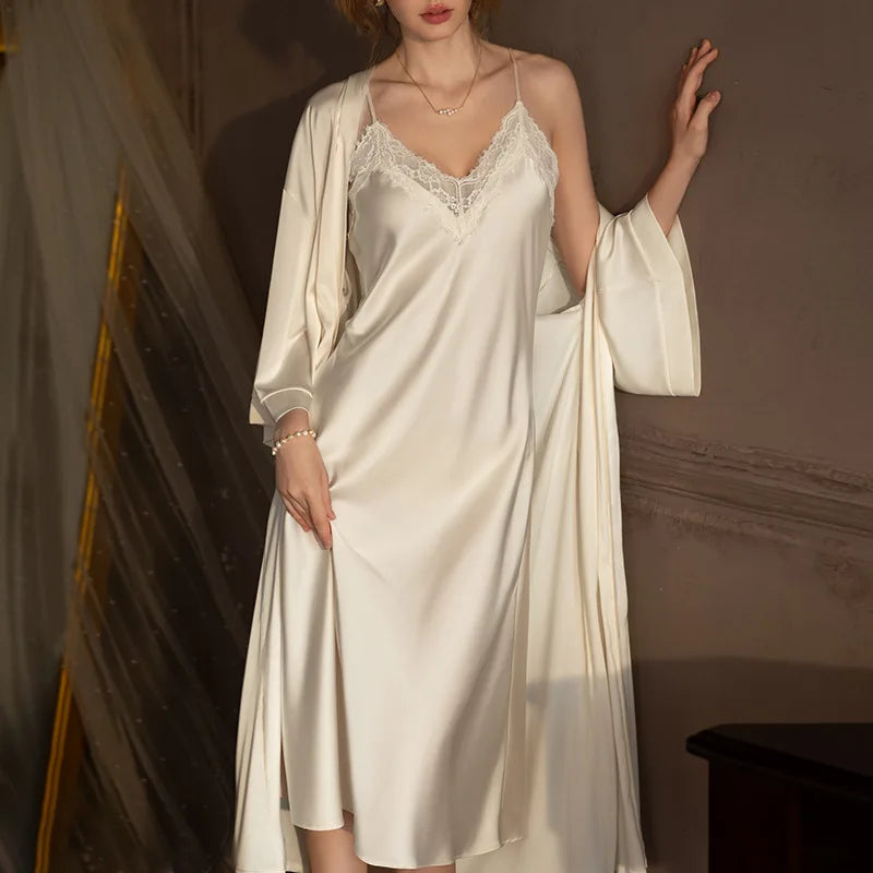 2 PCS Set S-3XL Plus Size Satin Ice Silk 3 Colors Curvy Ladies Long Robe Nightgown Set Pajamas Elegant Kimono Bathrobe Gown Sleepwear Summer Sexy Women's Home Wear Loungewear