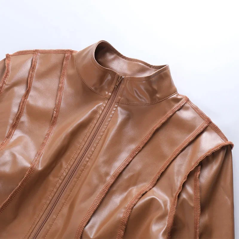 Black/White/Brown Color S-XL UK Size Leather Crop Jackets Women Zippers Sexy Solid Spring Autumn Imitation Leather Design European Style Fashion Chic Office Lady Sexy  Leisure