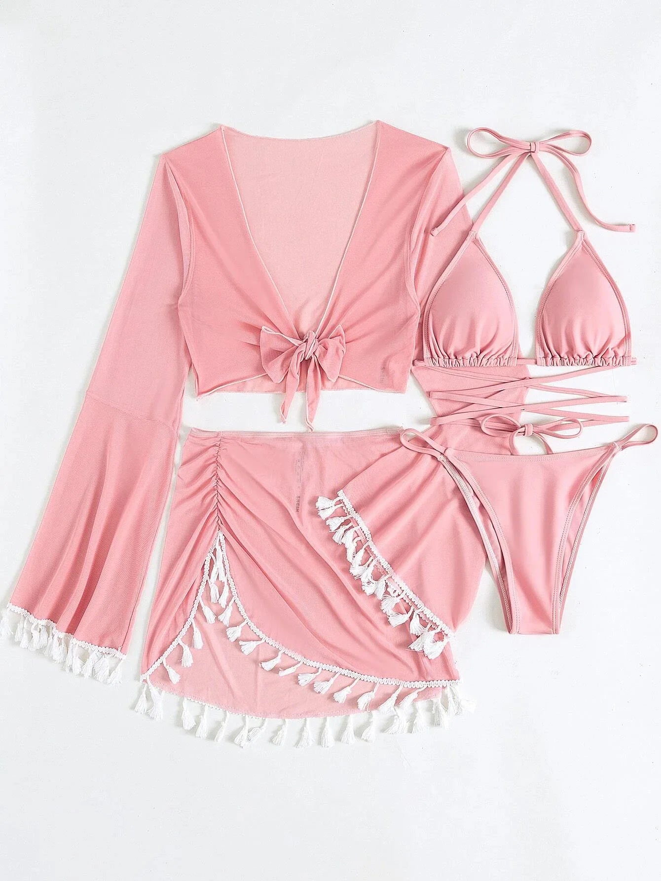 New 4 Pieces Suit Swimwear Tassel Flare Sleeve Crop Top+Skirt+Micro Bikinis Cover-Up Beachwear Halter Bandage Swimsuit Tankinis