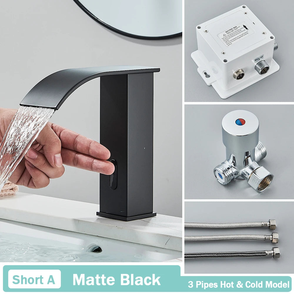 NEW Silver/Gold/ Black Color Luxury Smart Motion Sensor Bathroom Basin Faucet Touchless Automatic Sense Mixer Tap Waterfall Hot Cold Water Washbasin Crane Home Bathroom Accessories