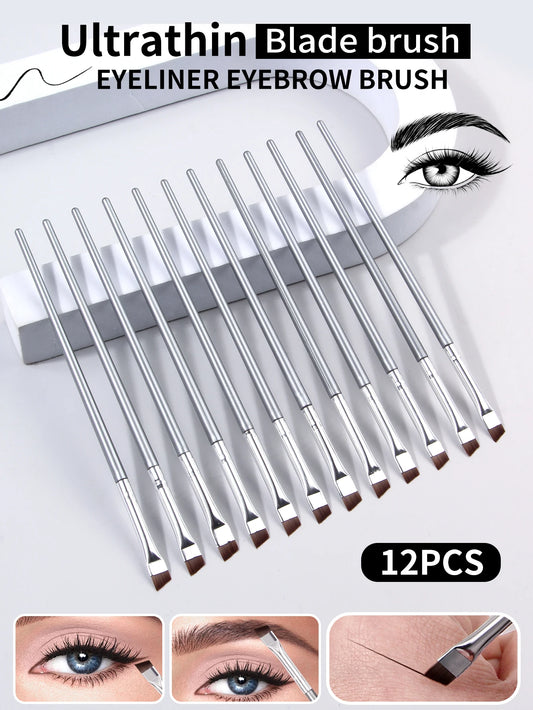 12PCS Set Silvery Super Thin Blade Eyeliner Brush & Soft Make-Up Brush Set, Portable Eyebrow Brush & Multipurpose Cosmetic Tool
