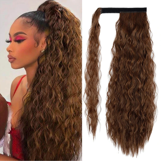 NEW  22/34 Inch Multi Types Can Be Permed Synthetic Corn Wavy Long Ponytail  Hairpiece Wrap on Clip Hair Extensions Ombre Brown Pony Tail Blonde Fake  Hair Women Cosmetic Accessories