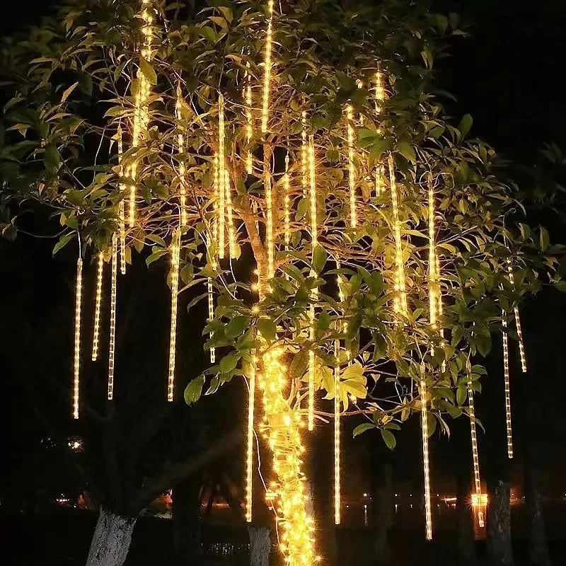 NEW Arrivals LED Lights Stalactites Meteor Shower Rain Lights 2/4Set Falling Rain Fairy String Lights Christmas Holiday Snow Falling Icicle Cascading Light Home Outdoor Decoration Accessories Supplies