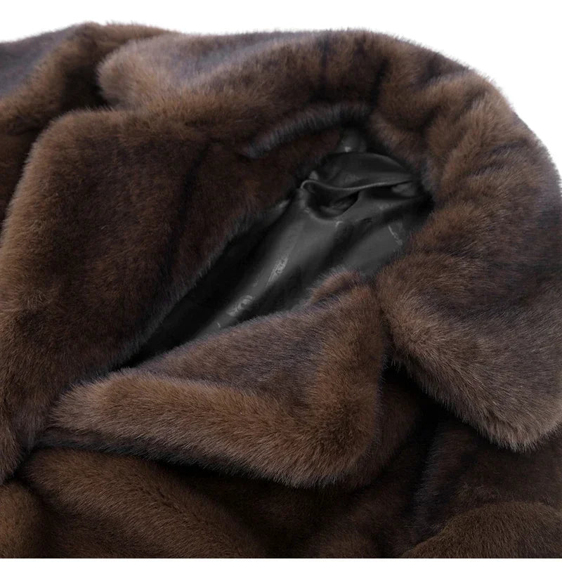 NEW HOT SALE Italian Style Luxury Women Ladies Dark Brown Faux Fur Long Overcoat Snow Clothes Supplies  Lapel Single Breasted Loose Fluffy Plush Warm Coat Winter Thicken Outerwear Female Luxury Fashion Clothing Products