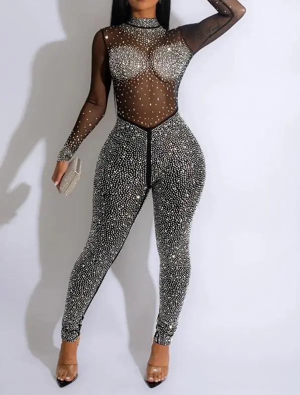 Sexy Party Jumpsuits Women Autumn Solid Mesh Diamond Fashion Long Sleeve Pants Jumpsuit Clubwear Female Overalls Streetwear