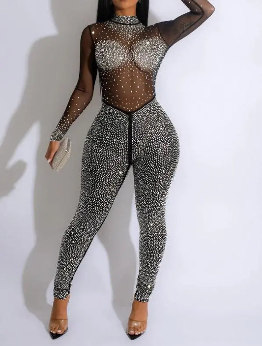 Sexy Party Jumpsuits Women Autumn Solid Mesh Diamond Fashion Long Sleeve Pants Jumpsuit Clubwear Female Overalls Streetwear