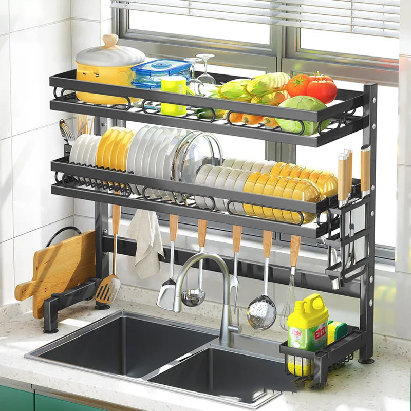 Kitchen Storage Shelf Above The Sink Bowl Draining Rack Multifunctional Dish Knife Rag Spoons Sink Rack Set Countertop Organizer